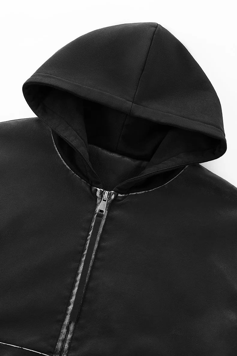 Veste à Capuche Ample en Cuir Lavé pour Homme