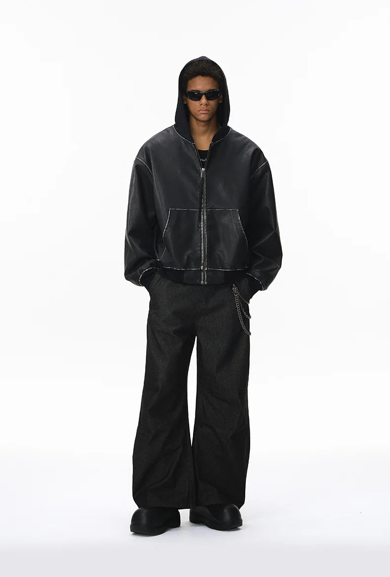 Veste à Capuche Ample en Cuir Lavé pour Homme