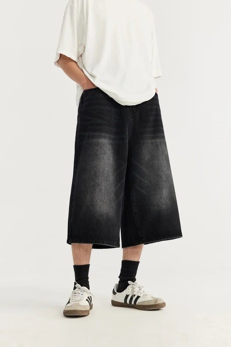 Jean unisexe en denim délavé, coupe courte et jambe large