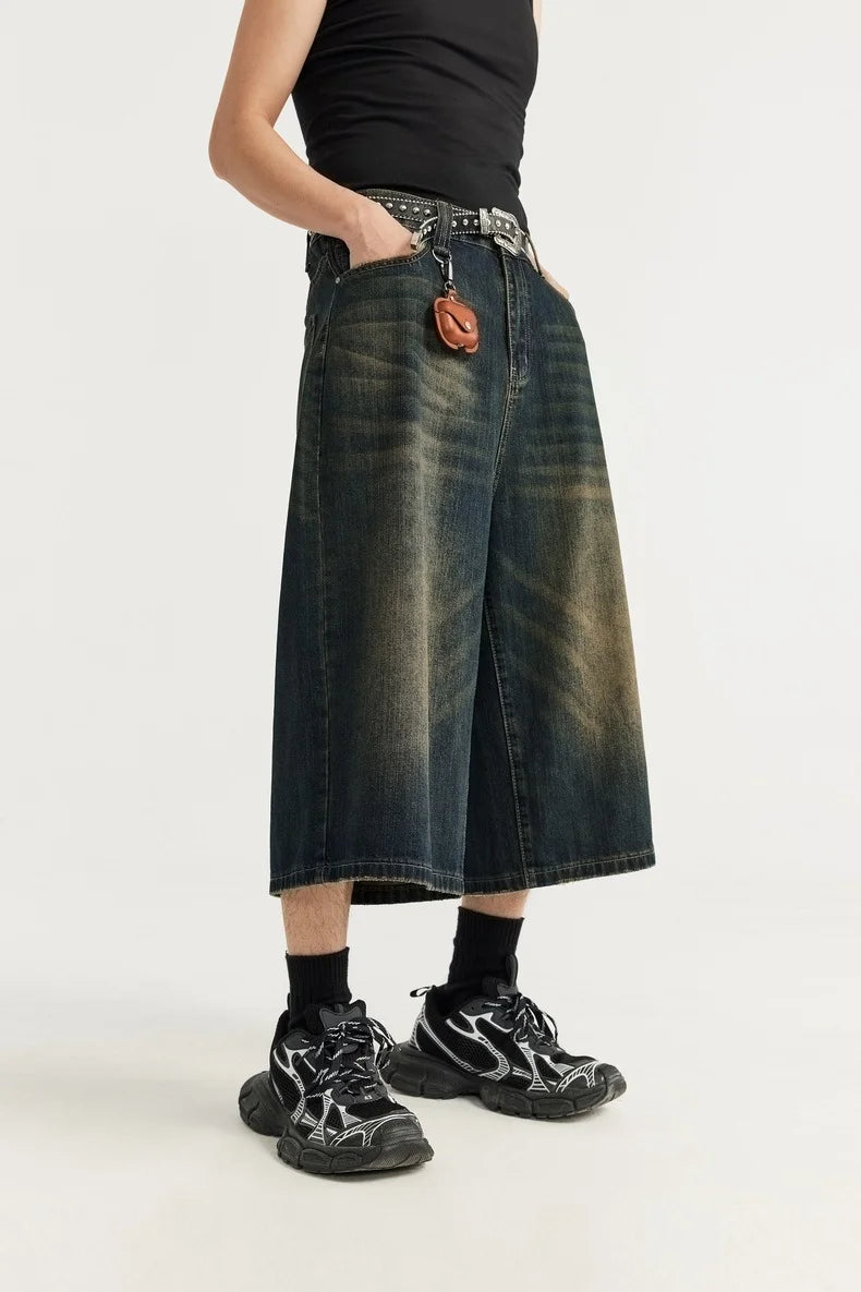 Jean unisexe en denim délavé, coupe courte et jambe large