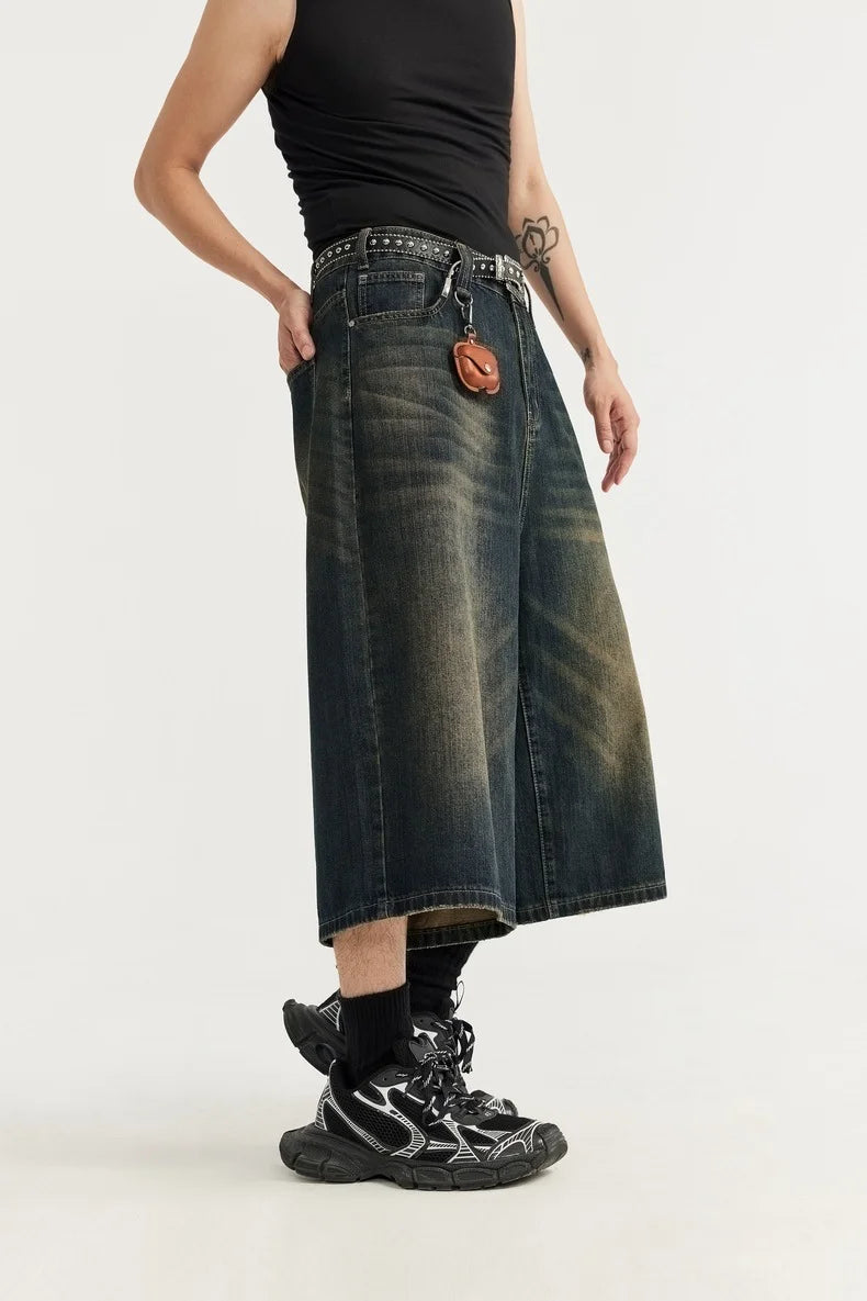 Jean unisexe en denim délavé, coupe courte et jambe large