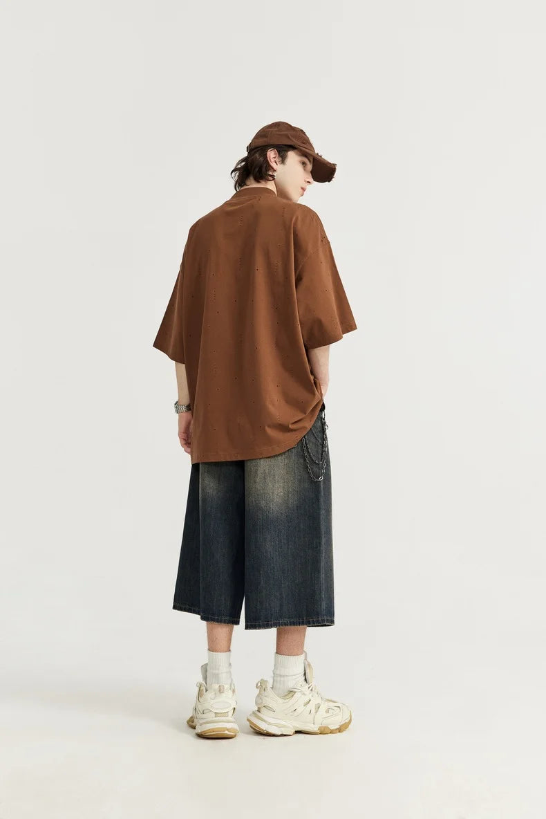 Jean unisexe en denim délavé, coupe courte et jambe large