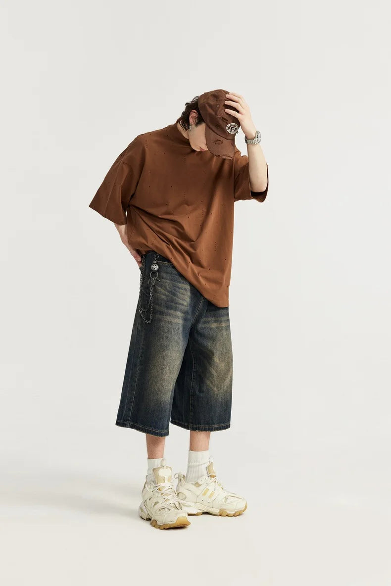 Jean unisexe en denim délavé, coupe courte et jambe large